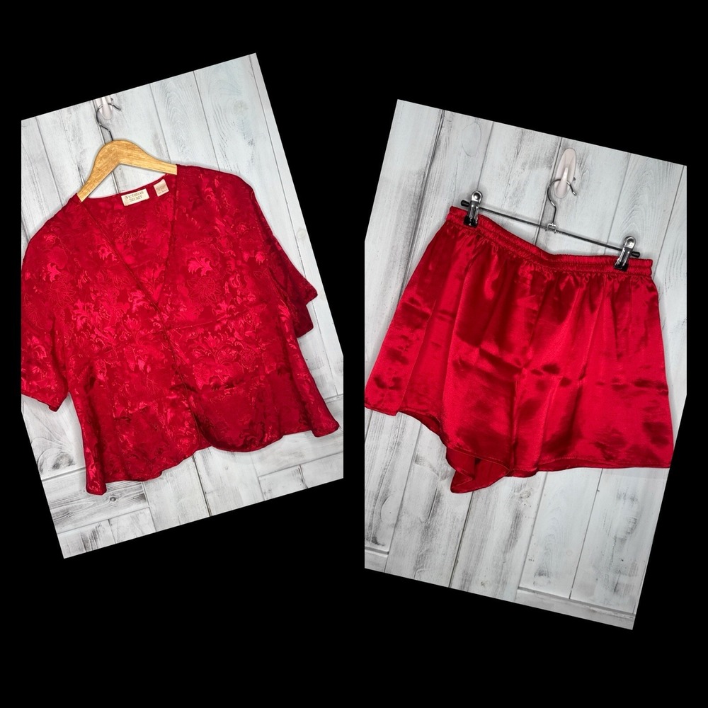 Victoria's Secret Lingerie Large‎ Set Shirt Shorts Vintage Gold Label Red Satin